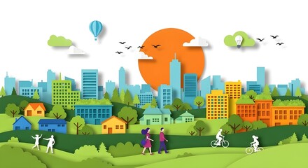 Celebrating World Habitat Day with vibrant city and nature paper art design for environmental awareness