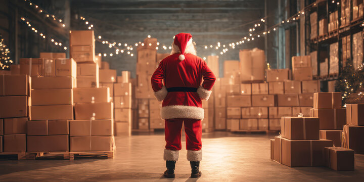 Christmas gift delivery Santa Claus standing in shop warehouse storage full of cardboard present boxes concept of logistic e-commerce e-business holiday package goods shipping service