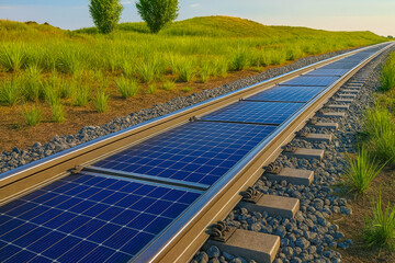 Solar panels line the railway tracks, showcasing renewable energy integration in an open grassy area during daylight