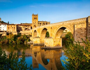 Fototapeta premium Stone bridge over a calm river, colorful buildings and a cathedral in the background. Sunlight reflects on the water