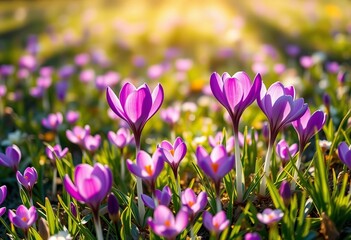 Vibrant purple crocuses bask in warm sunlight, a carpet of spring blooms in a wild meadow, spring,  pastel