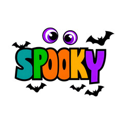 Fototapeta premium Whimsical Halloween Design Colorful Spooky Text with Googly Eyes and Bats for Festive Fun, isolated on a transparent background