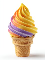 Swirled soft serve ice cream cone on white background studio shot eye level view sweet dessert treat
