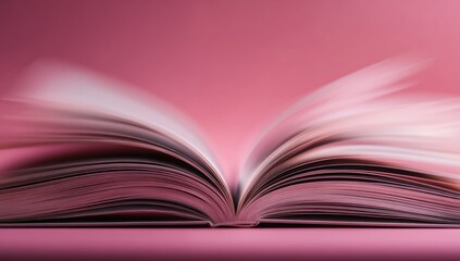 Fototapeta premium Open book on a pink surface. Pages are blurred in motion