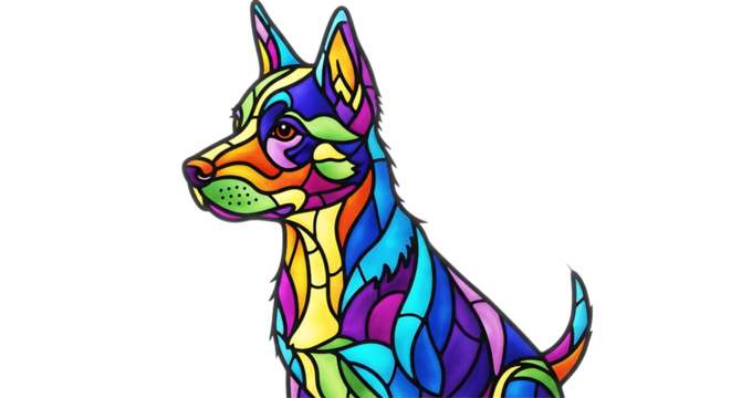 Colorful stained glass dog isolated on transparent background