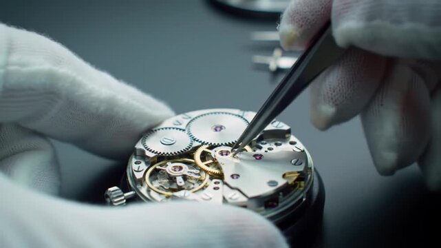 Precision craftsmanship in horology, a watchmaker's gloved hands meticulously assembling an intricate mechanical watch movement.