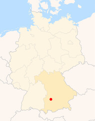 Fototapeta premium Locatormap of the city Augsburg (Bayern) in Germany. The city is marked with a red dot and the Bundesland is also highlighted. No labels at all.