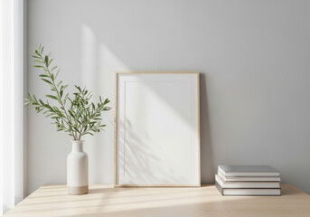 Frame mockup with plant and books on table