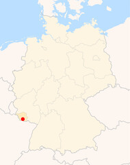 Locatormap of the city Saarbruecken (Saarland) in Germany. The city is marked with a red dot and the Bundesland is also highlighted. No labels at all.