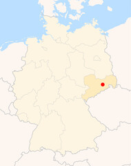 Locatormap of the city Dresden (Sachsen) in Germany. The city is marked with a red dot and the Bundesland is also highlighted. No labels at all.