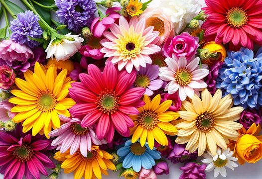 Vibrant bouquet of colorful flowers arranged artfully on a birthday card background, spring flowers, happy birthday