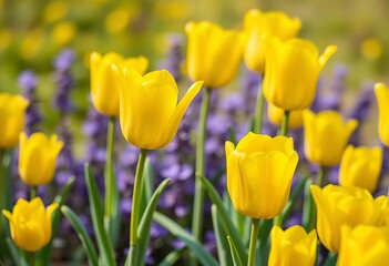 Obraz premium Vibrant yellow tulips in full bloom against a soft spring background, yellow, easter