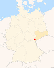 Locatormap of the city Plauen (Sachsen) in Germany. The city is marked with a red dot and the Bundesland is also highlighted. No labels at all.