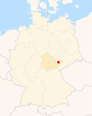 Locatormap of the city Gera (Thueringen) in Germany. The city is marked with a red dot and the Bundesland is also highlighted. No labels at all.