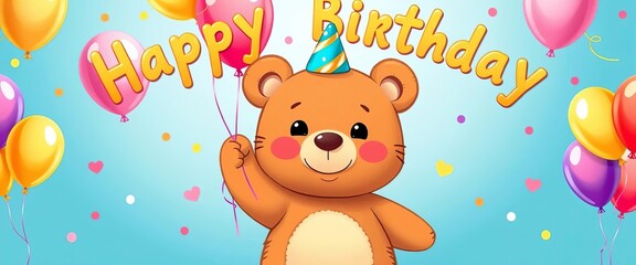Fototapeta premium Cute bear with balloons in happy birthday frame illustration, illustration, celebration
