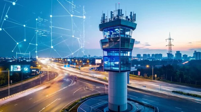 Modern Air Traffic Control Tower with Data Overlay at Dusk