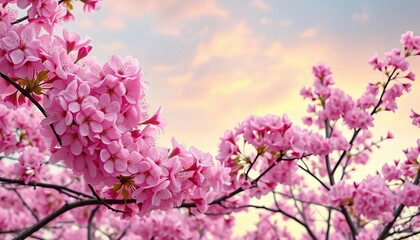 Fototapeta premium Soft pink cherry blossoms in full bloom against a warm spring sky, petals, leaves