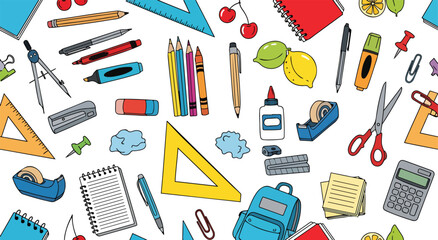 Back to School. A colorful hand drawn vector doodle seamless pattern of school and office supplies like pens, pencils, and notebooks for a website banner, a sale flyer, or educational material.