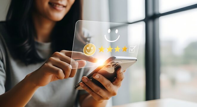 Smiling Woman Taps Glowing Smiley on a Transparent Screen for a Five-Star Customer Review.