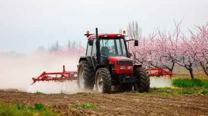 Fototapeta premium Red tractor spraying field, pink blossoms