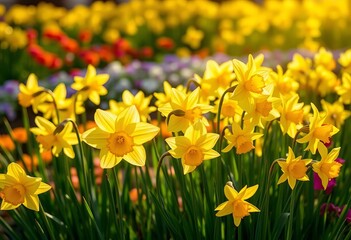Obraz premium Sunlit yellow daffodils blooming in a vibrant spring flower bed, nature, sunshine