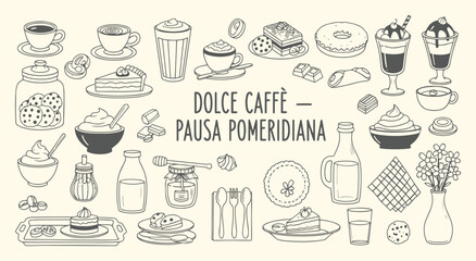 Sweet Coffee. Afternoon Break. A cozy hand drawn vector illustration collection of various coffee drinks, cakes, and pastries for a coffee shop menu, a bakery's branding or a blog.