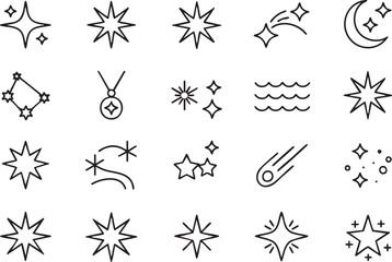 A set of black and white line art star and celestial icons on transparent background