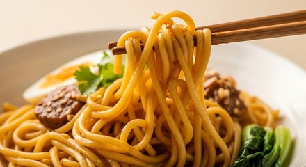 Close-up of golden noodles held by chopsticks, part of a delicious Asian dish.