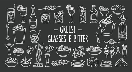 Cheers! Glasses and Bitters. A detailed hand drawn chalk vector doodle set of classic cocktails, barware, and appetizers for a speakeasy's blackboard menu or a promotional party poster.