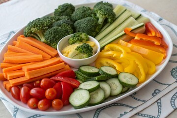 Colorful vegetable platter with creamy dip for healthy snacking