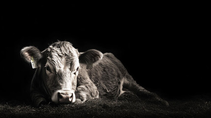 Fototapeta premium A cow lying on the ground with a black background.
