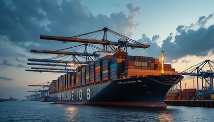 Fototapeta premium Massive Cargo Ship with Containers in a Busy Port at Sunset | Global Logistics
