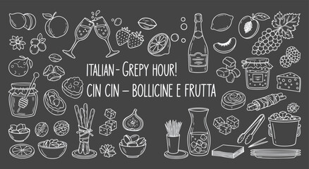 Italian Happy Hour. Bubbles and Fruit. A hand drawn chalk vector illustration set of prosecco, fresh fruit, and cheese for a restaurant's blackboard menu, or a party invitation poster.