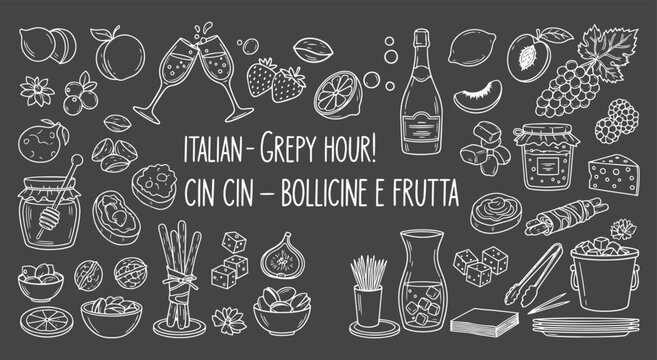Italian Happy Hour. Bubbles and Fruit. A hand drawn chalk vector illustration set of prosecco, fresh fruit, and cheese for a restaurant's blackboard menu, or a party invitation poster.