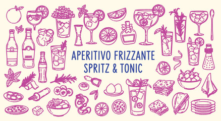 Sparkling Aperitivo. Spritz and Tonic. A vibrant hand drawn vector doodle collection of classic spritz and gin tonic cocktails for a modern bar menu, a party invitation or social media.