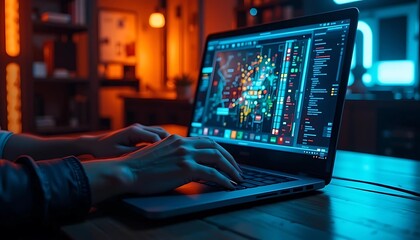 Hands Typing on a Laptop with a Data Dashboard | Finance and Trading