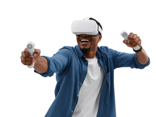 Enthusiastic Man Immersed in Virtual Reality Gaming Experience on Isolated Backdrop