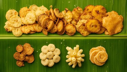 Traditional Kerala Onam snacks beautifully arranged on a banana leaf . Crispy banana chips, sharkara varatti (jaggery-coated banana chips), achappam (rose cookies), kuzhalappam, unniyappam