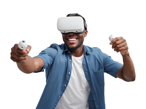 Enthusiastic african american man immersed in a virtual world with vr headset and controllers on
