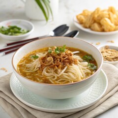 Delicious bowl of Burmese noodle soup topped with fried shallots and fresh herbs, served with traditional side snacks.