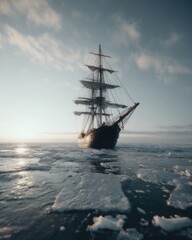 Fototapeta premium Tall ship sailing through icy waters at sunset low angle majestic scene historic vessel arctic exploration