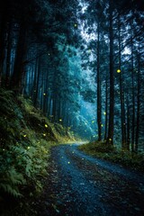 Fototapeta premium Fireflies illuminating a forest path at night, low angle, magical realism, Japan, summer, nature photography