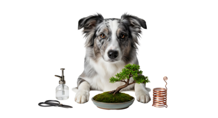 Dog with bonsai tree isolated on transparent background