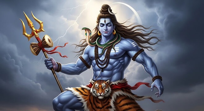 Blue Hindu God Shiva holding golden trident with tiger skin - Powered by Adobe