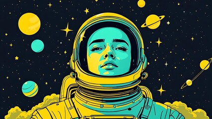Astronaut portrait yellow teal space stars planets