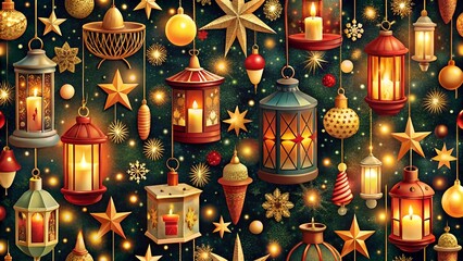 Naklejka premium Festive christmas decorations with glowing lanterns, stars, and ornaments, traditional holiday season celebration background