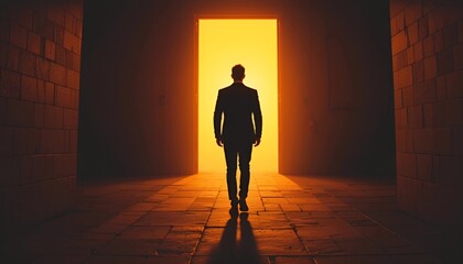 Obraz premium Man in a Suit Walking Towards Glowing Door in a Dark Hallway | Opportunity and Future