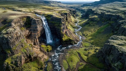 High-angle view of a dramatic waterfall cascading down rugged cliffs, surrounded by lush green valleys and mountains