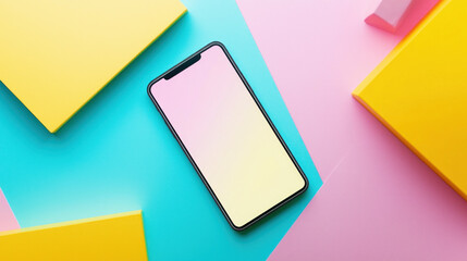 A smartphone with a pink and yellow gradient screen on a colorful background with geometric shapes.