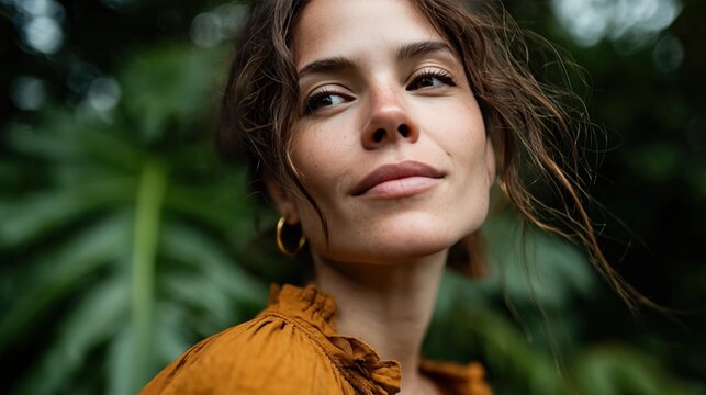 Jeune femme souriante aux cheveux boucles portant un haut orange